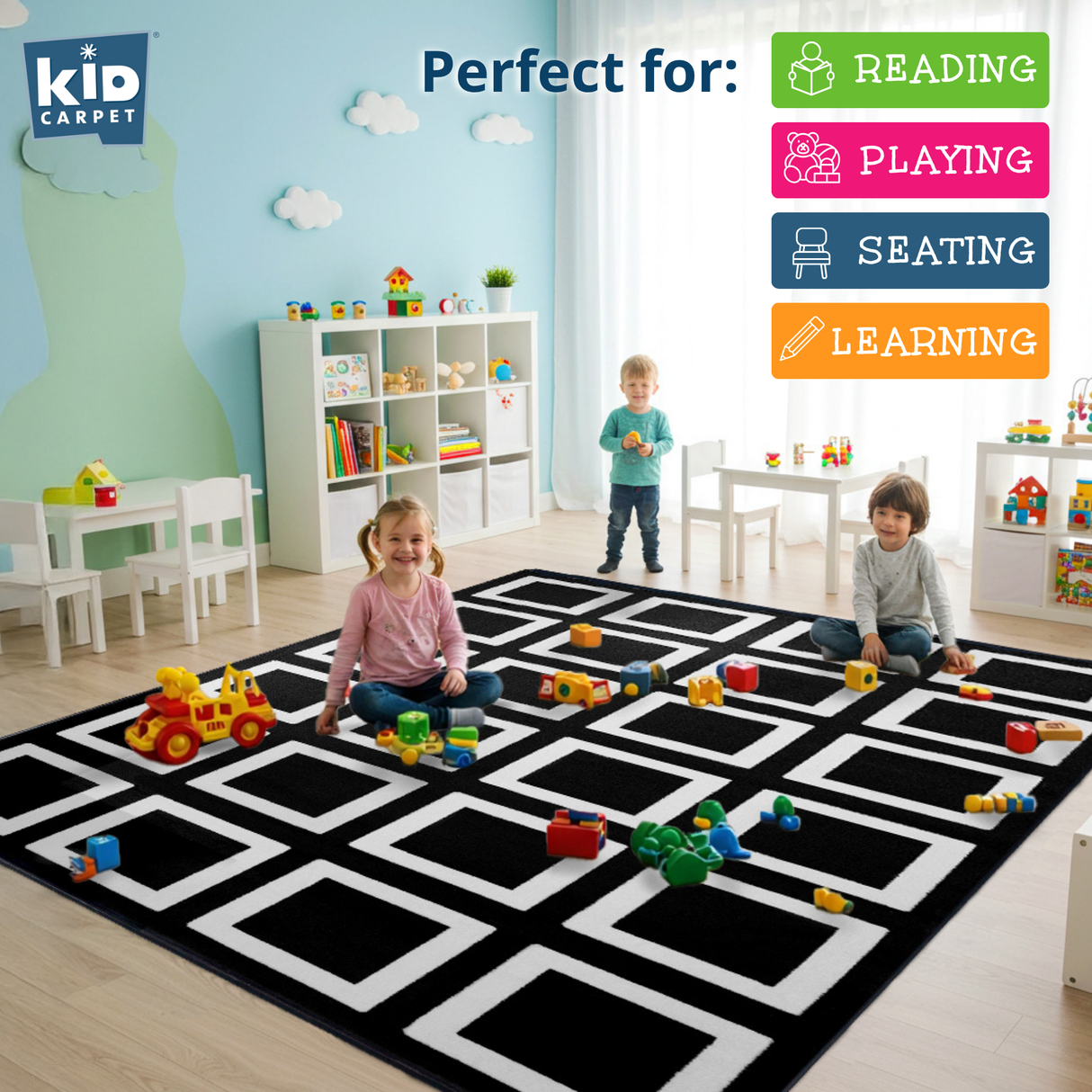 Black and White Squares Classroom Seating Rug 24 - KidCarpet.com