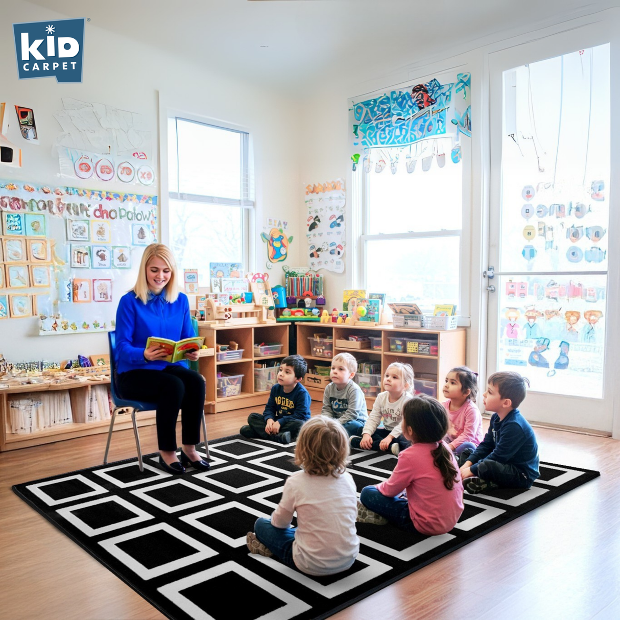 Black and White Squares Classroom Seating Rug 24 - KidCarpet.com