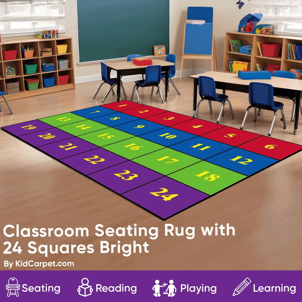 Classroom Seating Rug With 24 Squares BRIGHT