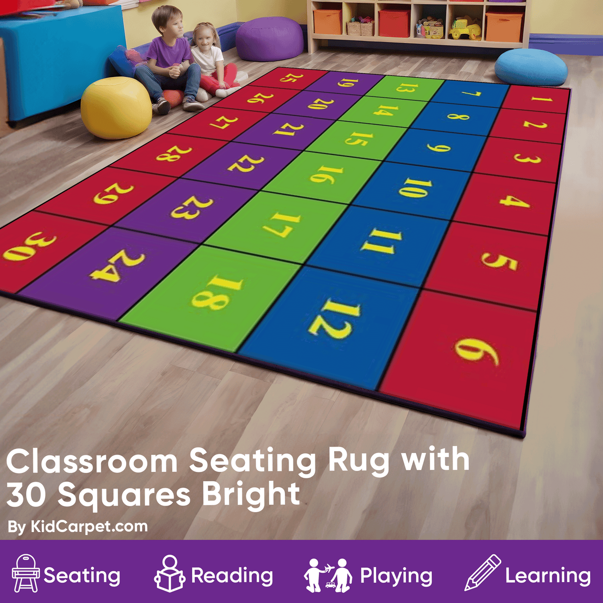 Classroom Seating Rug With 30 Squares BRIGHT