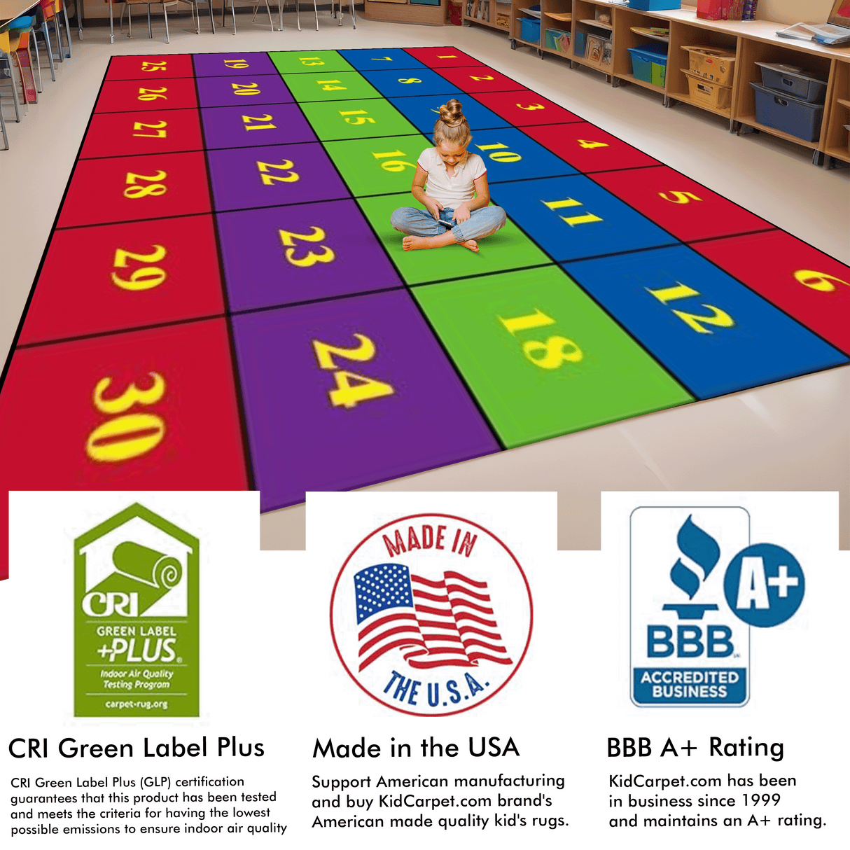 Classroom Seating Rug With 30 Squares BRIGHT