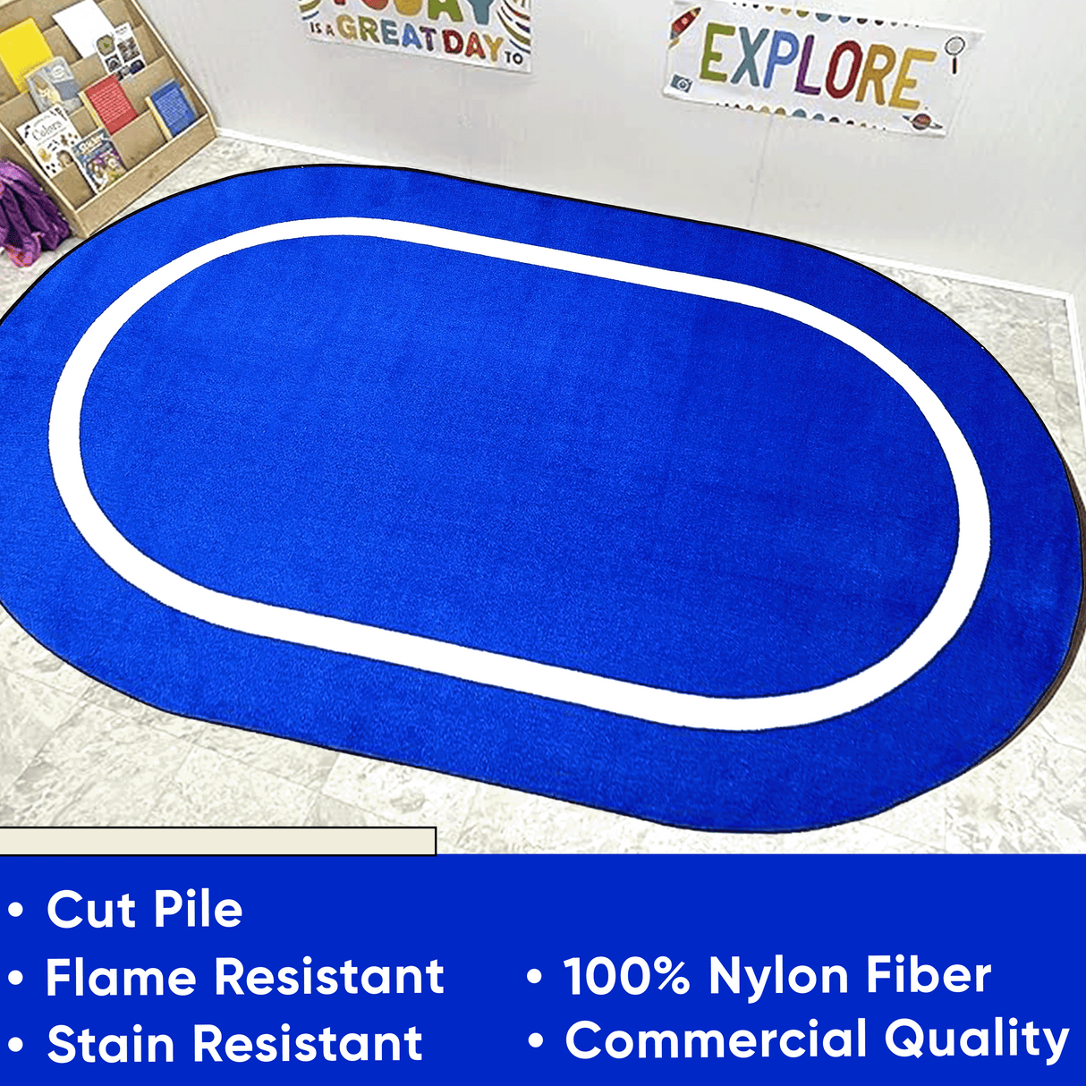 Montessori Classroom Rug Blue With Creme Line