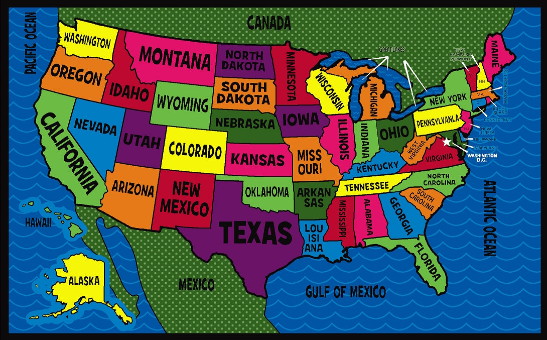 *TEST PRINT - Second Quality* Map of the USA Classroom Rug - KidCarpet.com