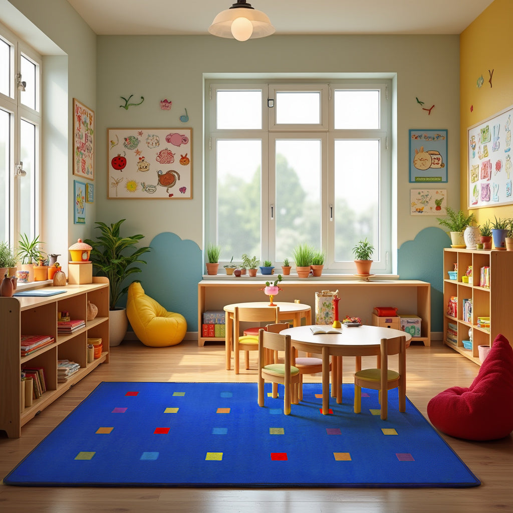 Seating Squares Multi on Blue Rug 24 - KidCarpet.com