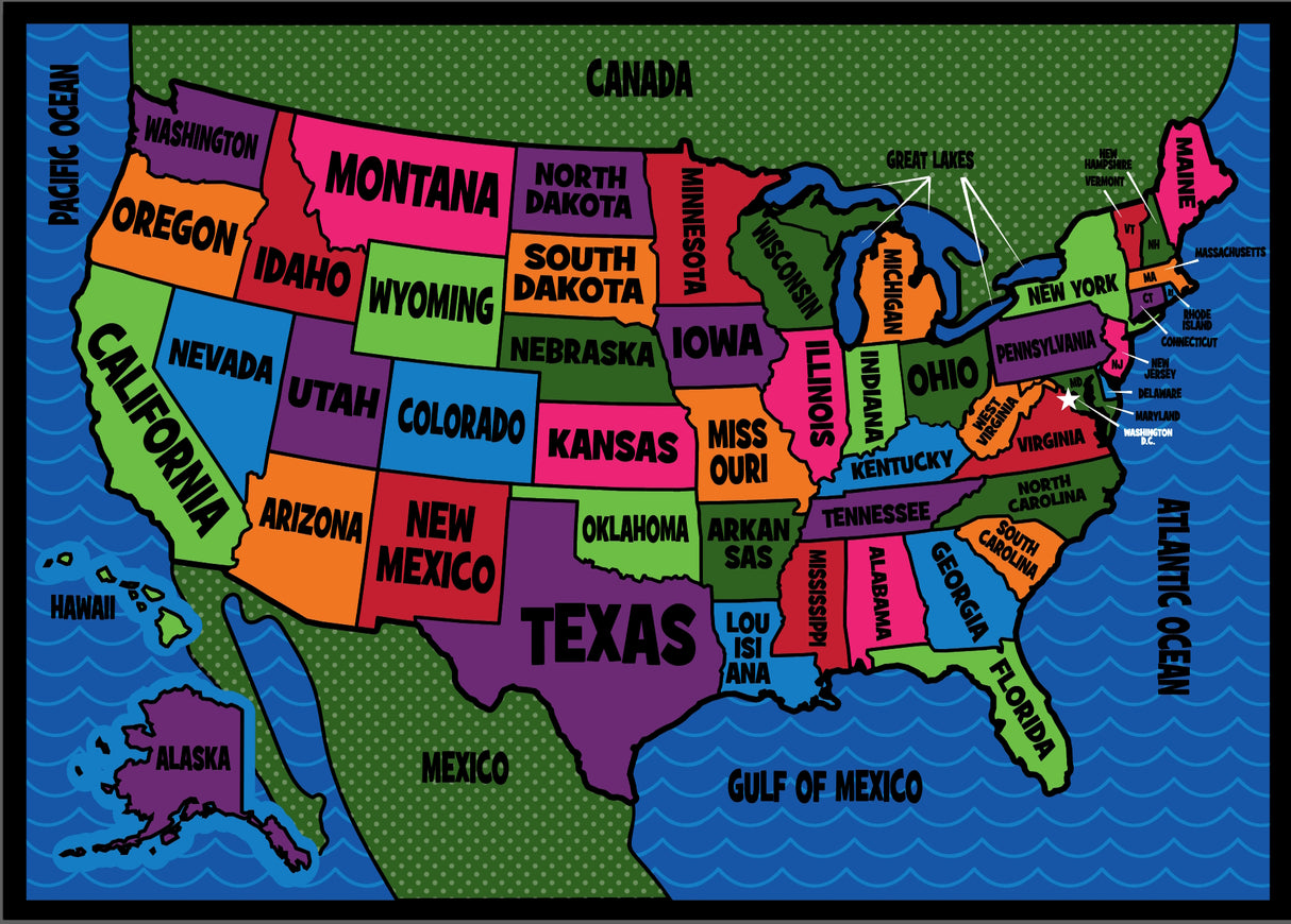 *TEST PRINT - Second Quality* Map of the USA Classroom Rug - KidCarpet.com