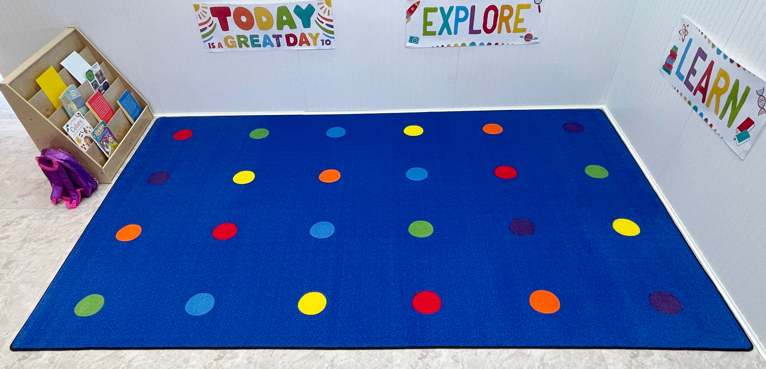 Button Classroom Rug On the Spot Classroom Seating Rug Multi on Blue – KidCarpet.com