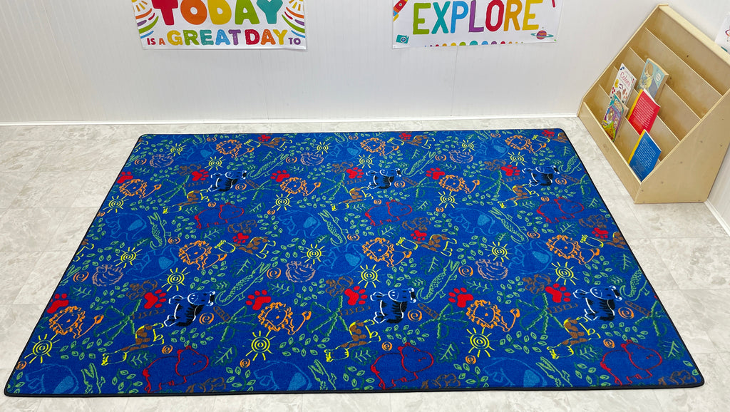 Animal Doodles Children's Rug Multi on Blue