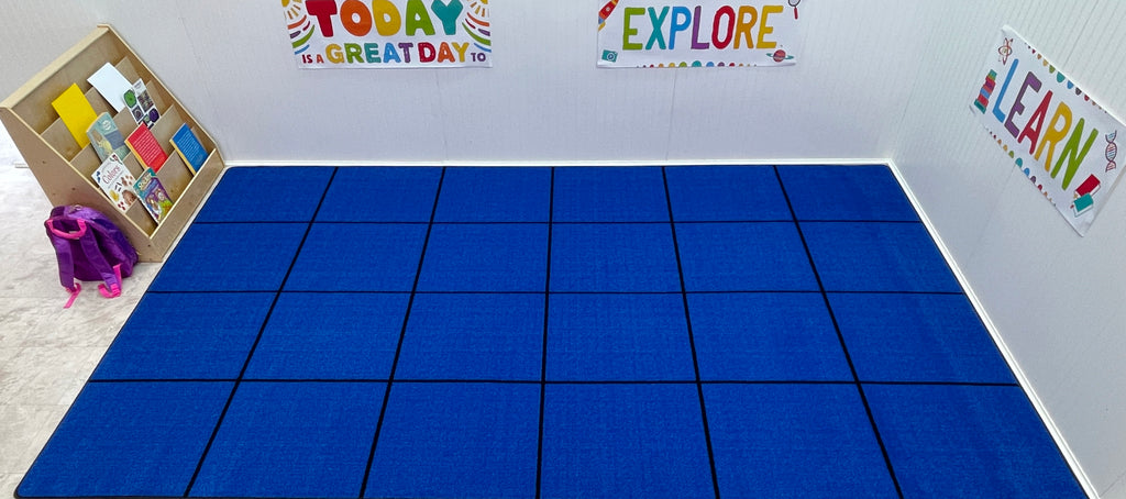 Blocks Seating Rug BLUE With 30 Squares - KidCarpet.com