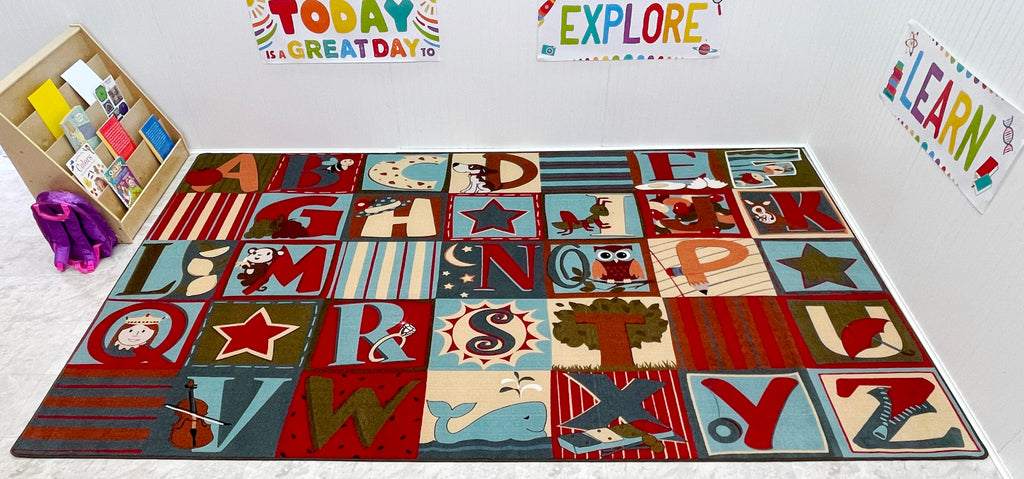 Alphabet Classroom Seating Rug with Squares Earth Tone