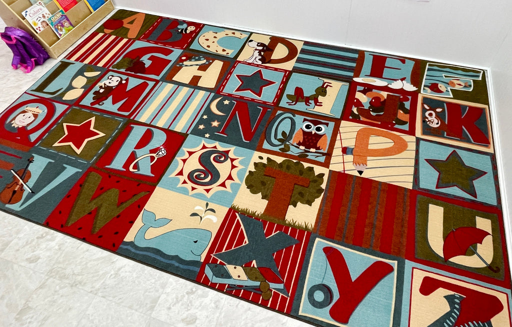 Alphabet Classroom Seating Rug with Squares Earth Tone